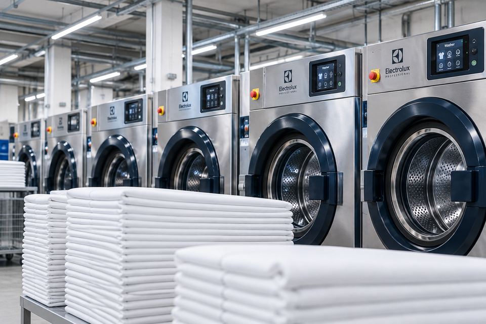 Eilė pramoninių Electrolux Professional skalbimo mašinų su sukrauta balta tekstile priekiniame plane